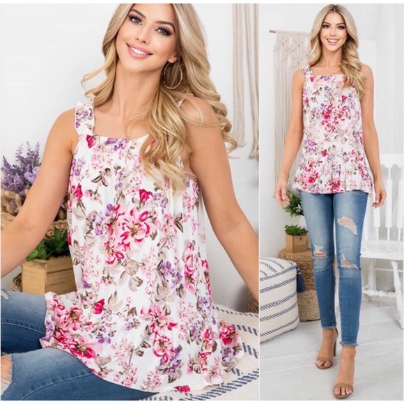 1 LEFT! Floral Ruffle Straps Women’s Cute Summer Top Women’s Floral Blouse Top - Picture 2 of 3